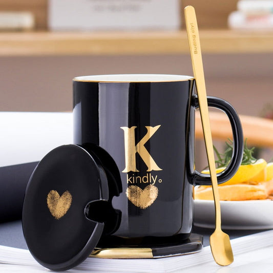 Gold Printed Black Ceramic Coffee Mug Handle Lid & Spoon