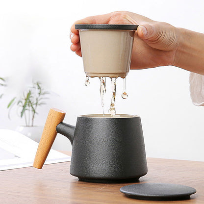 Wooden Handle Ceramic Tea Cup With Lid Filter Water Separation Cup