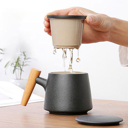 Wooden Handle Ceramic Tea Cup With Lid Filter Water Separation Cup
